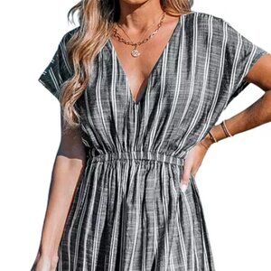 XL Dark Grey Striped Midi Swim Cover-Up Dress